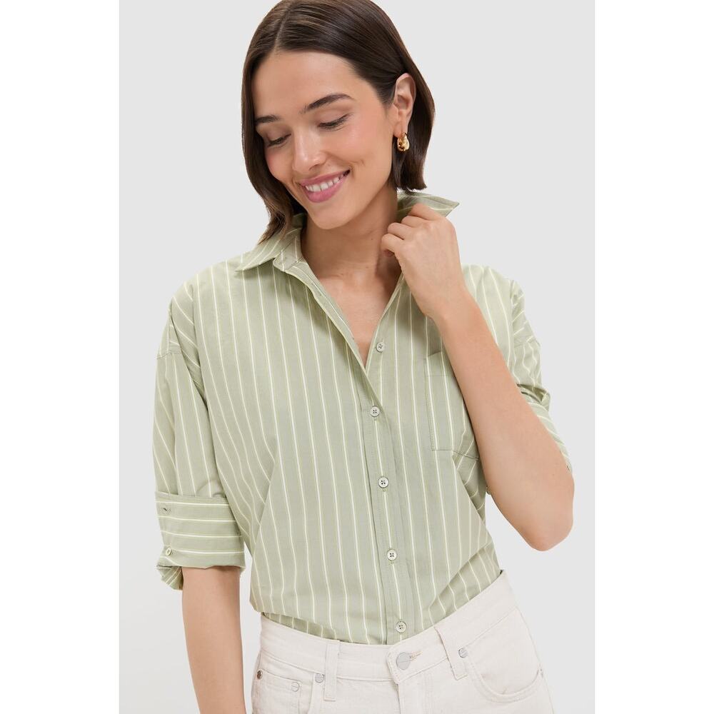 POMANDER PLACE Green Stripe Adair Boyfriend Shirt Size L NWT